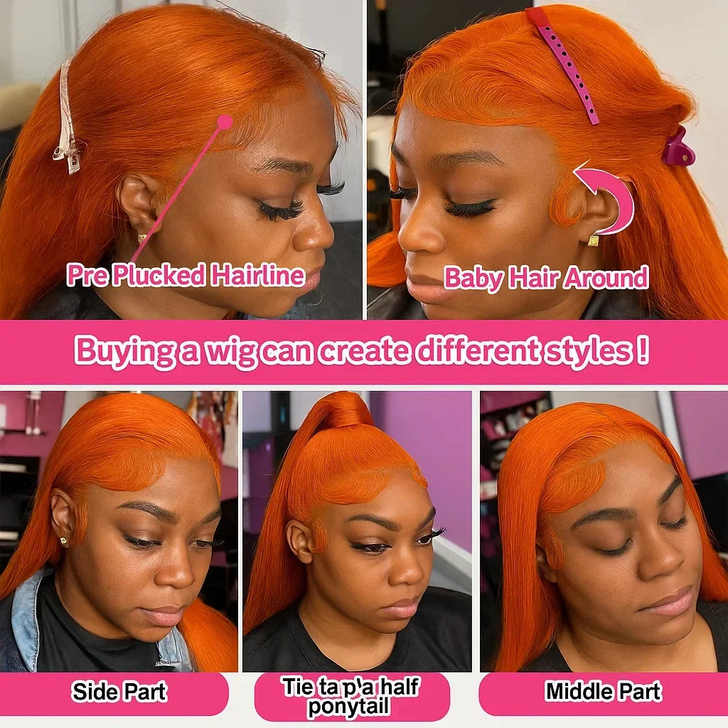350 Orange Colored Bone Straight Orange Ginger Lace Front Wigs Human Hair 13X4 HD 13x6 Lace Frontal Wigs For Women Pre Plucked