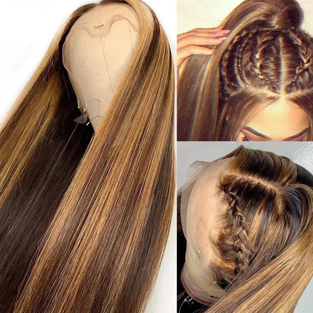 P4/27 Highlight 46 Inch Straight Human Hair Wig 13x6 HD Undetectable Lace Frontal 200 Density Pre Plucked Baby Hair Glueless Wig