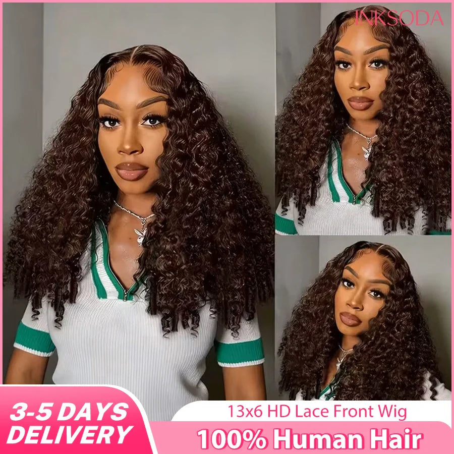 13x6 HD Lace Front Human Hair Wig #4 Chocolate Brown Burmese Curly Hair Wigs Glueless Lace Frontal Deep Wave Wigs Pre Plucked