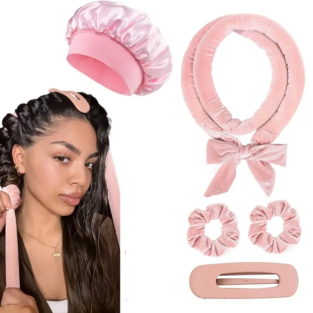 8/5/4Pcs Heatless Hair Curler Set Satin Bonnet No Heat Overnight Curls Edge Brush Scrunchies Comb Black Gift Comb Styling Tools