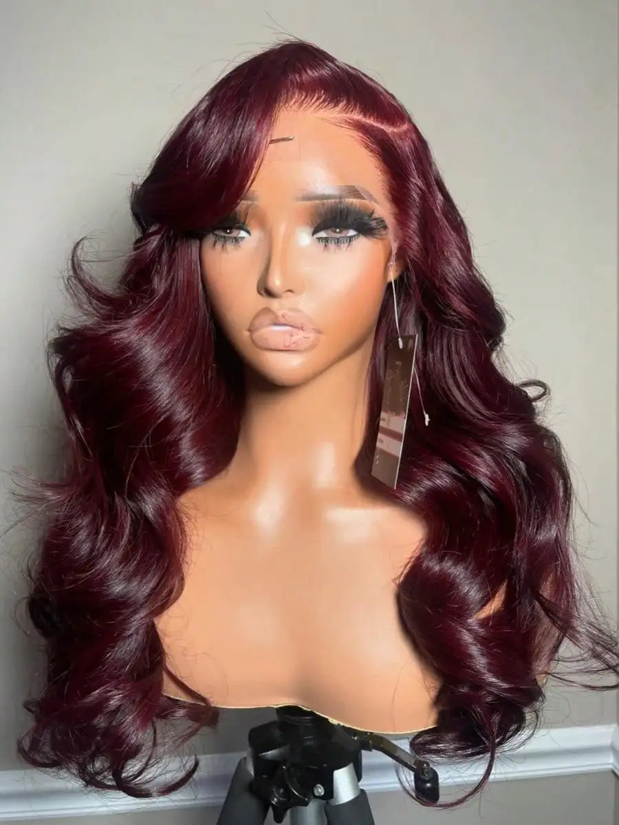34 Inch 200% 99J Burgundy Color 13x4 Transparent Lace Frontal Wigs Human Hair Body Wave Pre Plucked With Baby Hair For Women