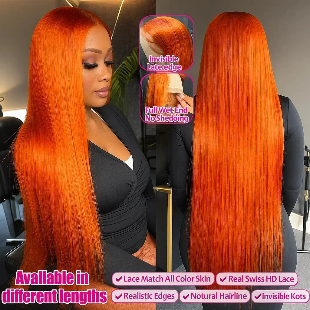 350 Orange Colored Bone Straight Orange Ginger Lace Front Wigs Human Hair 13X4 HD 13x6 Lace Frontal Wigs For Women Pre Plucked