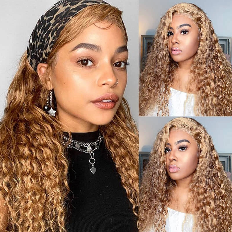 #27 Deep Wave Human Hair Wigs 13x6 HD Lace Frontal Wig Honey Blonde Human Hair Wigs Water Wave Curly Human Hair Wigs For Women