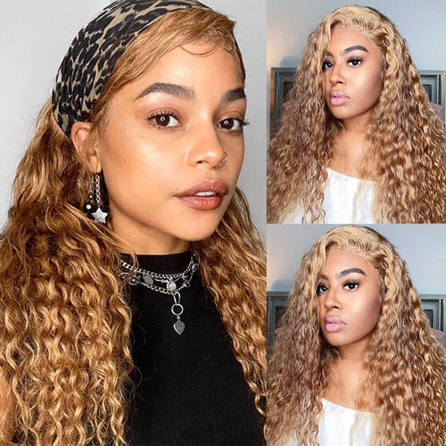 #27 Deep Wave Human Hair Wigs 13x6 HD Lace Frontal Wig Honey Blonde Human Hair Wigs Water Wave Curly Human Hair Wigs For Women