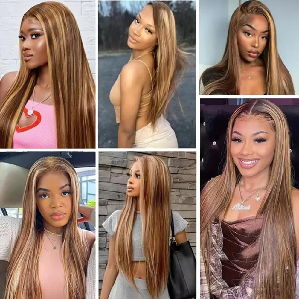 P4/27 Highlight 46 Inch Straight Human Hair Wig 13x6 HD Undetectable Lace Frontal 200 Density Pre Plucked Baby Hair Glueless Wig