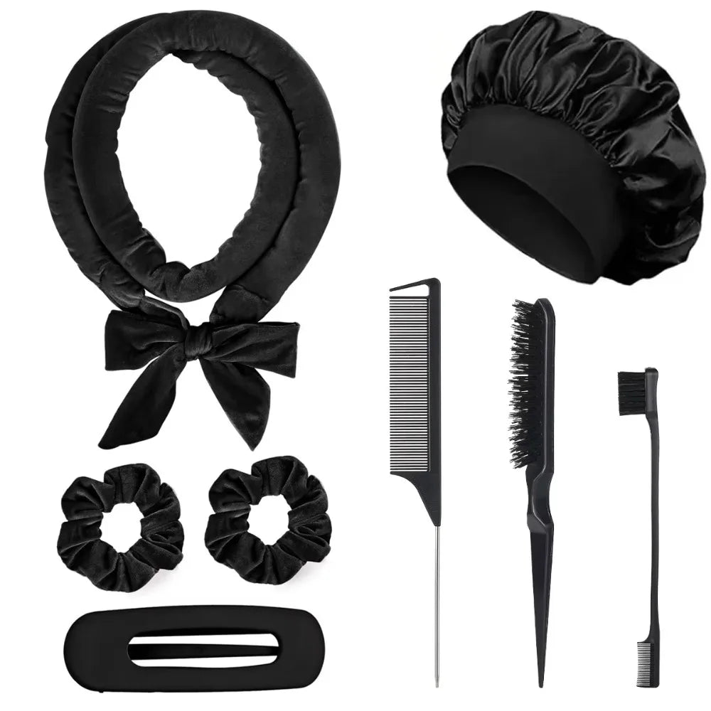 8/5/4Pcs Heatless Hair Curler Set Satin Bonnet No Heat Overnight Curls Edge Brush Scrunchies Comb Black Gift Comb Styling Tools