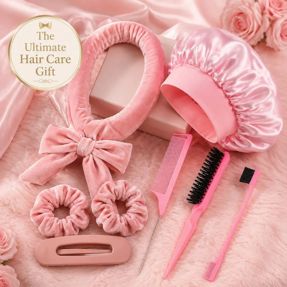 8/5/4Pcs Heatless Hair Curler Set Satin Bonnet No Heat Overnight Curls Edge Brush Scrunchies Comb Black Gift Comb Styling Tools