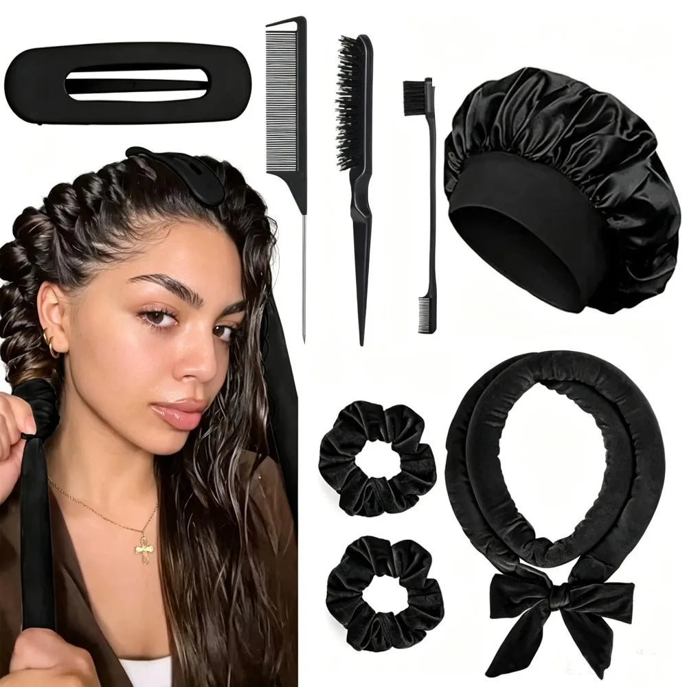 8/5/4Pcs Heatless Hair Curler Set Satin Bonnet No Heat Overnight Curls Edge Brush Scrunchies Comb Black Gift Comb Styling Tools
