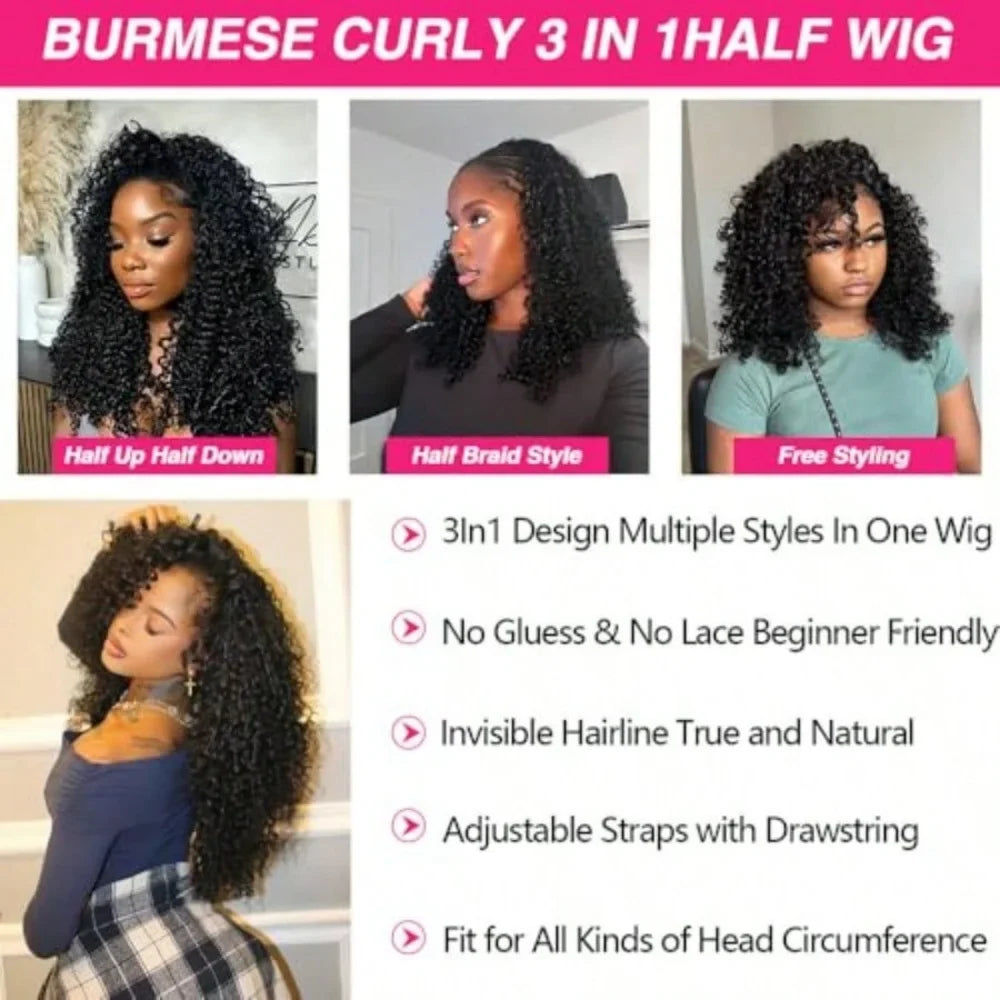 Burmese Curly 3 IN 1 Half Wigs Human Hair Wig Glueless Wigs Ready to Wear Half Wig Drawstring Clip Burmese Curly Hair Half Wig