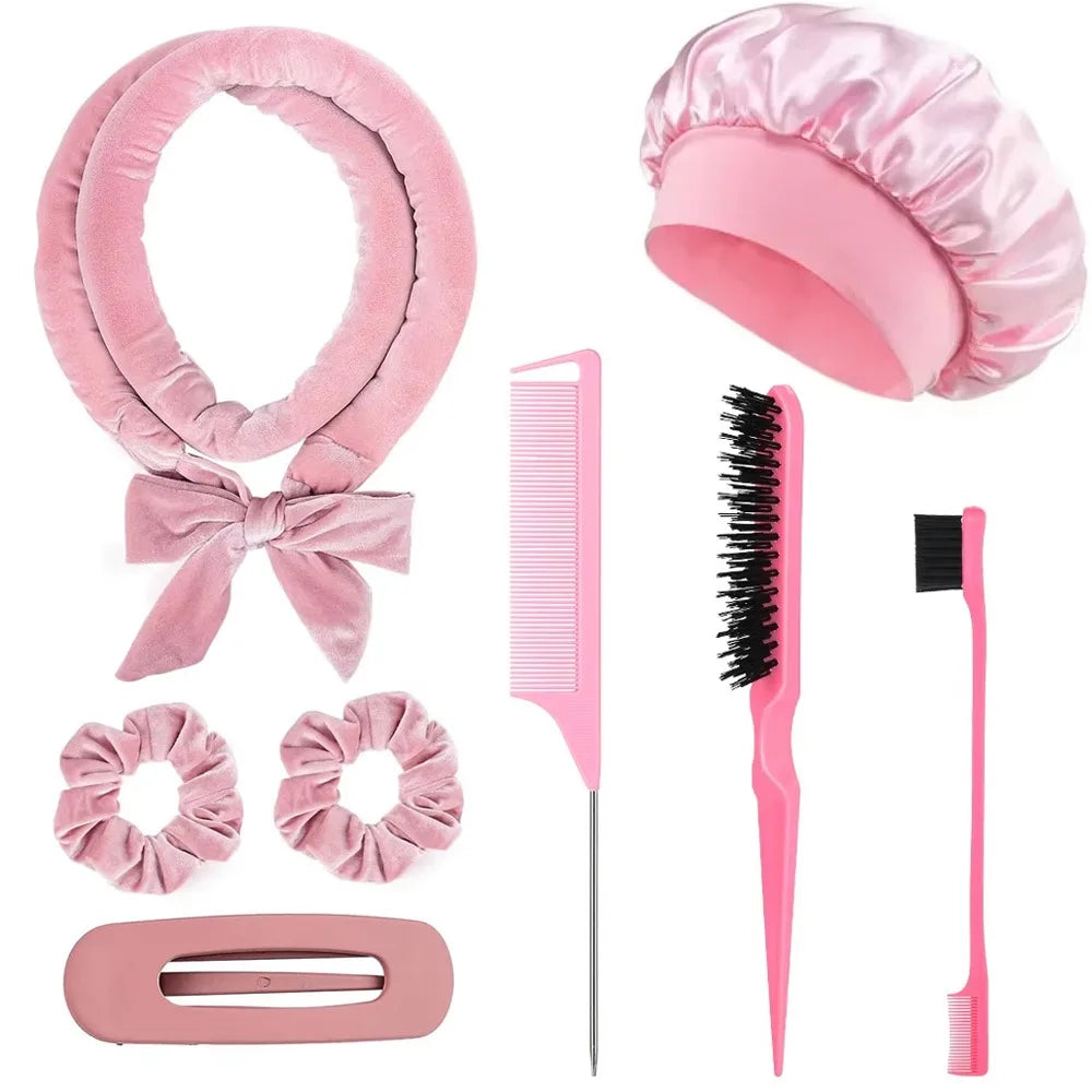 8/5/4Pcs Heatless Hair Curler Set Satin Bonnet No Heat Overnight Curls Edge Brush Scrunchies Comb Black Gift Comb Styling Tools