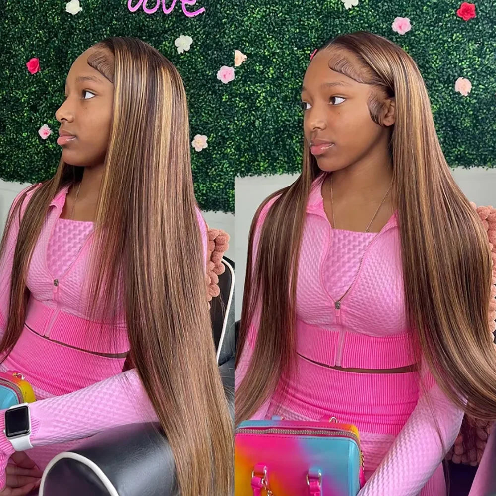 P4/27 Highlight 46 Inch Straight Human Hair Wig 13x6 HD Undetectable Lace Frontal 200 Density Pre Plucked Baby Hair Glueless Wig