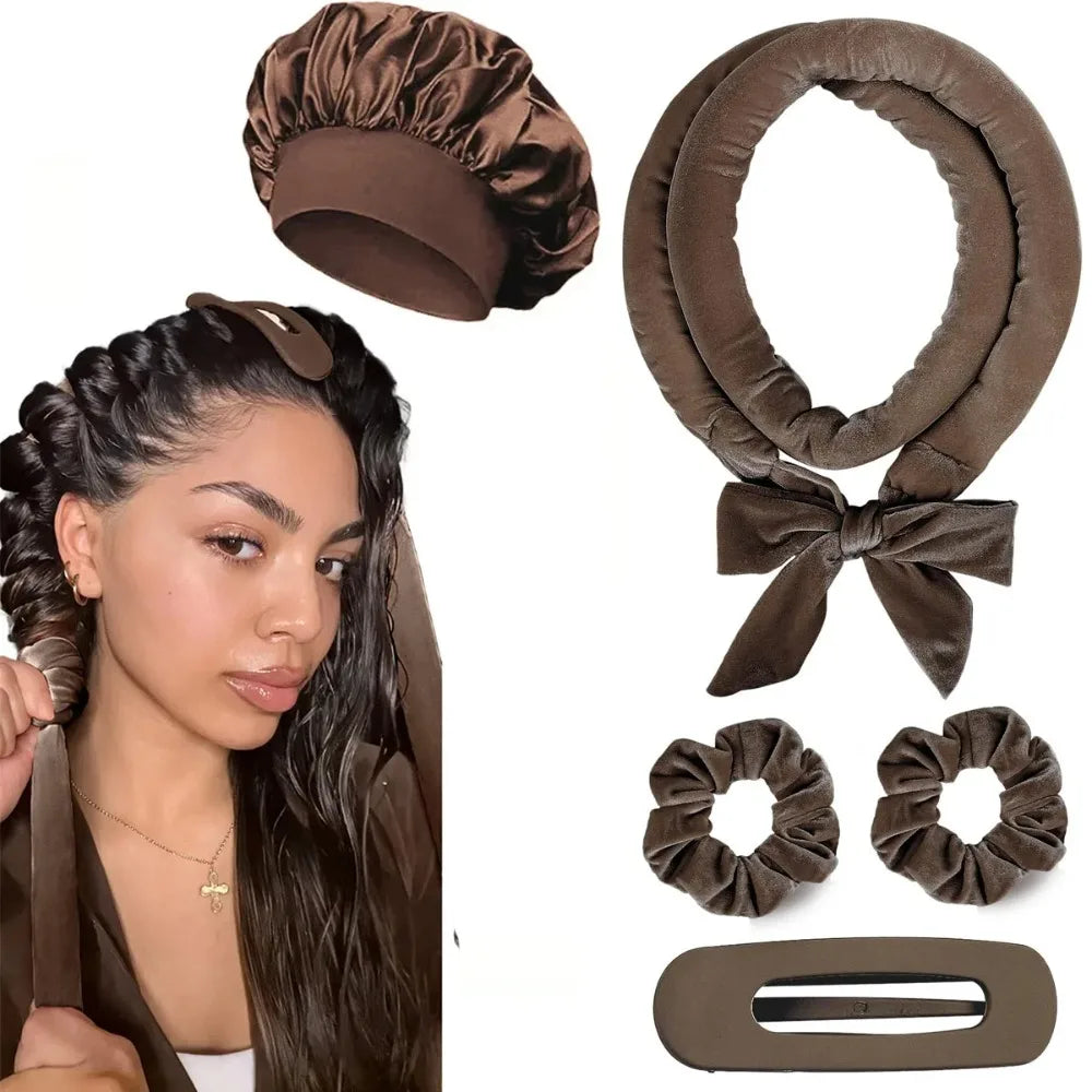8/5/4Pcs Heatless Hair Curler Set Satin Bonnet No Heat Overnight Curls Edge Brush Scrunchies Comb Black Gift Comb Styling Tools
