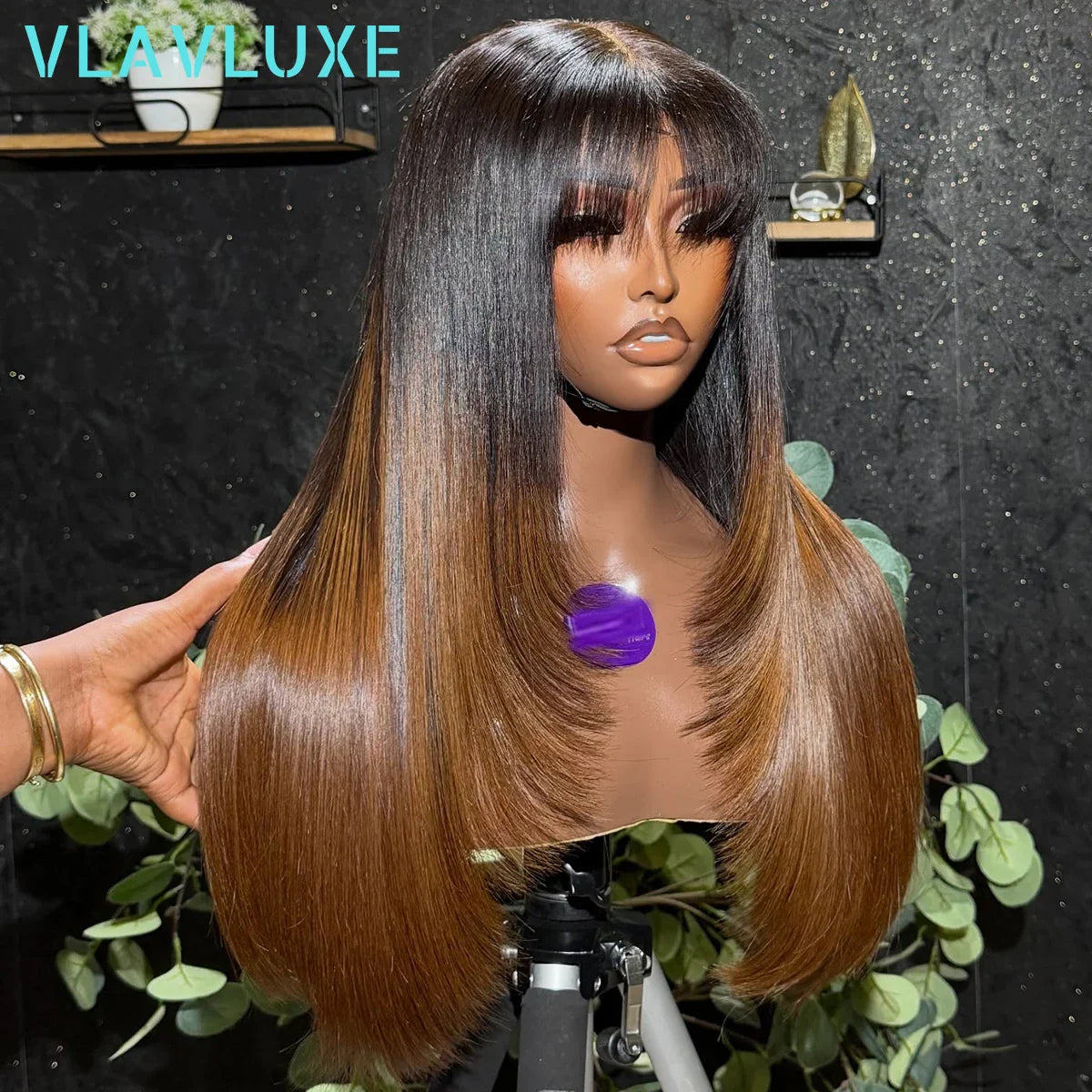 Ombre Colored Brown With Bang Layered 13x6 HD Transparent Lace Frontal Wig Bone Straight Glueless 300/400 Density Human Hair Wig