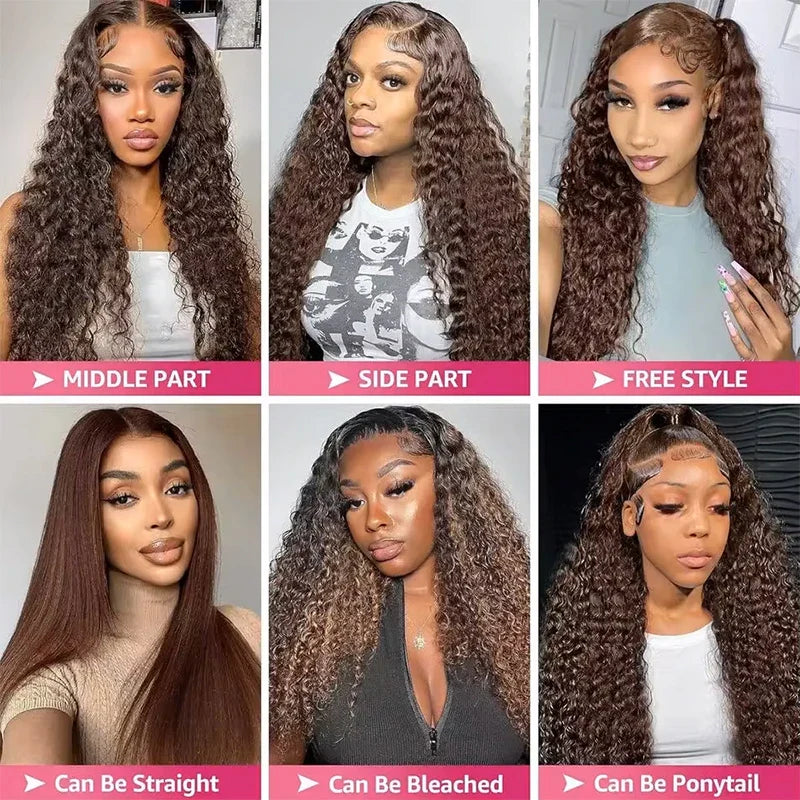Chocolate Brown Colored 220% Density 36 Inch Chocolate Brown 13x6 13x4 HD Transparent Lace Front Wigs Human Hair Curly Deep Wave Brazilian Transparent Lace Frontal Wig For Women Human Hair #4 Colored Wigs Pre-Plucked Prebleached