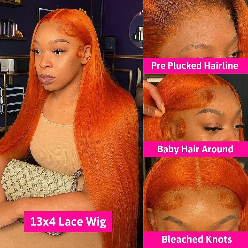 350 Orange Colored Bone Straight Orange Ginger Lace Front Wigs Human Hair 13X4 HD 13x6 Lace Frontal Wigs For Women Pre Plucked