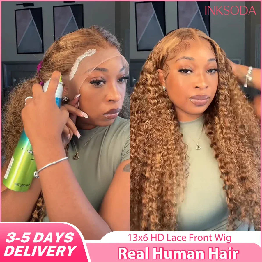 #27 Deep Wave Human Hair Wigs 13x6 HD Lace Frontal Wig Honey Blonde Human Hair Wigs Water Wave Curly Human Hair Wigs For Women