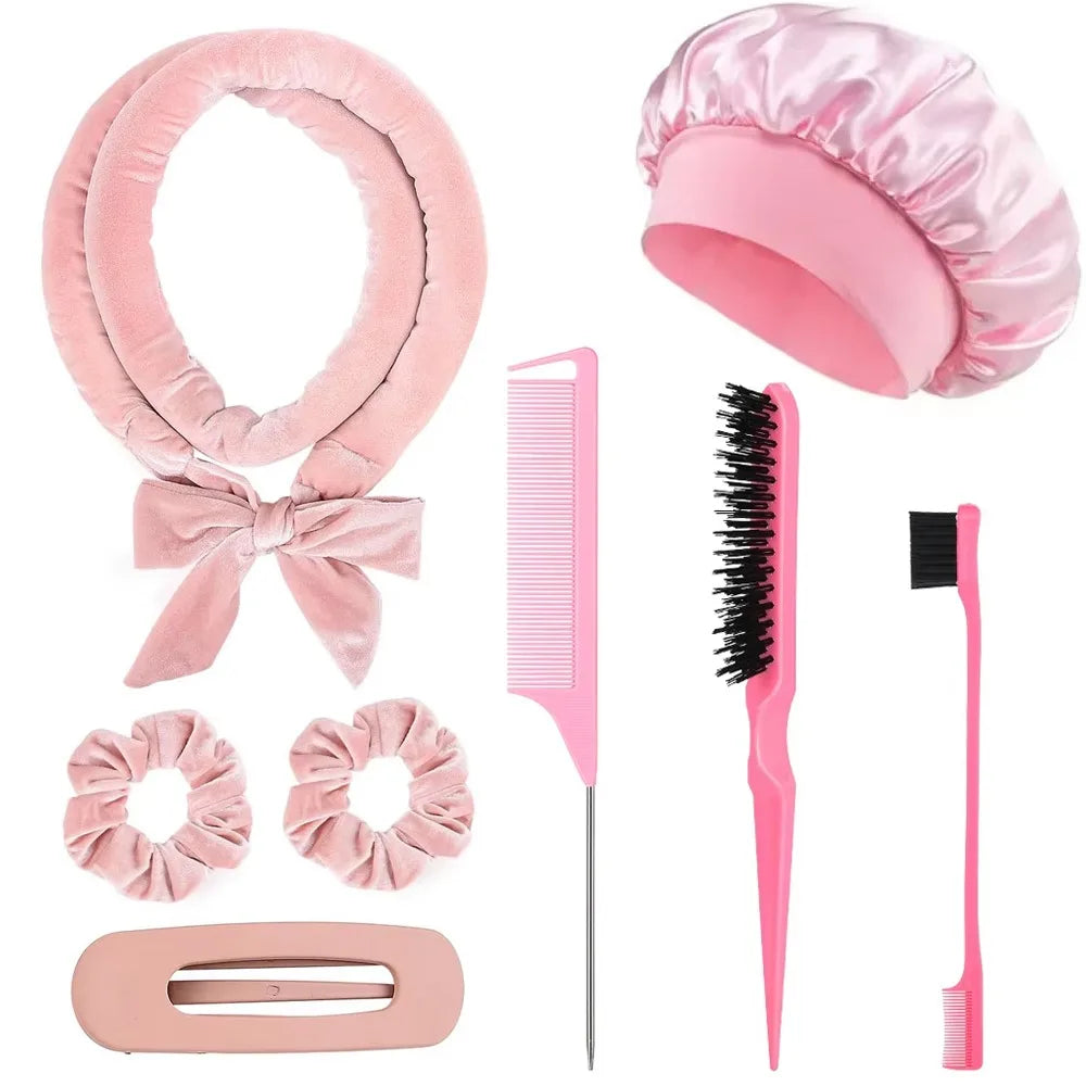 8/5/4Pcs Heatless Hair Curler Set Satin Bonnet No Heat Overnight Curls Edge Brush Scrunchies Comb Black Gift Comb Styling Tools