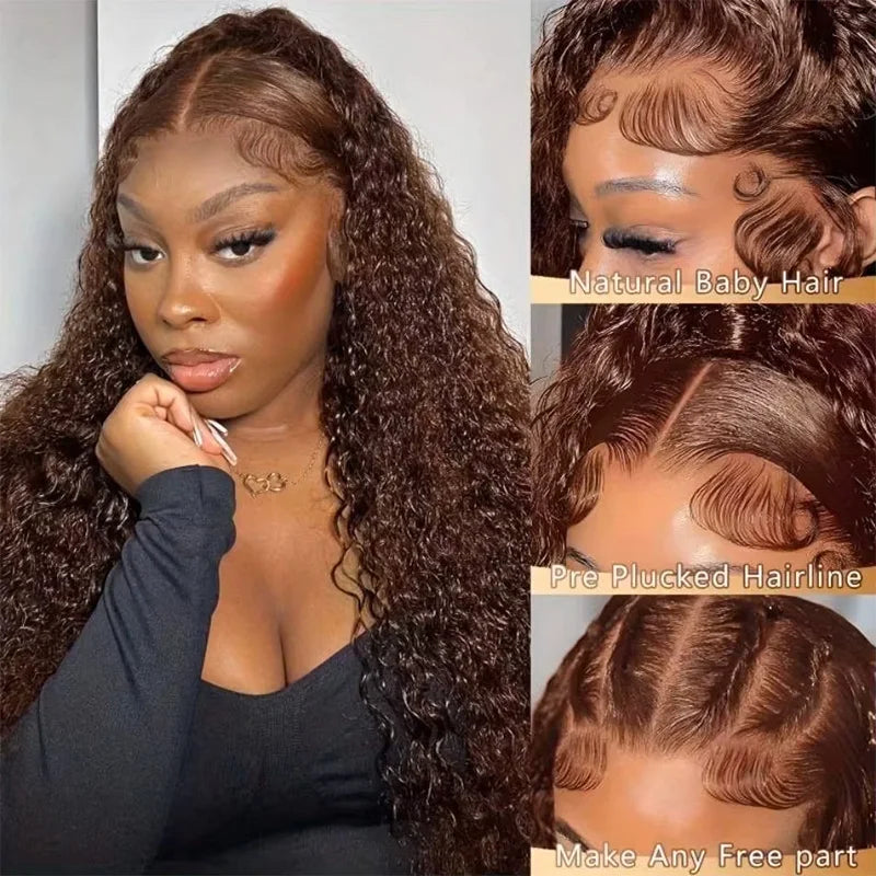 Chocolate Brown Colored 220% Density 36 Inch Chocolate Brown 13x6 13x4 HD Transparent Lace Front Wigs Human Hair Curly Deep Wave Brazilian Transparent Lace Frontal Wig For Women Human Hair #4 Colored Wigs Pre-Plucked Prebleached
