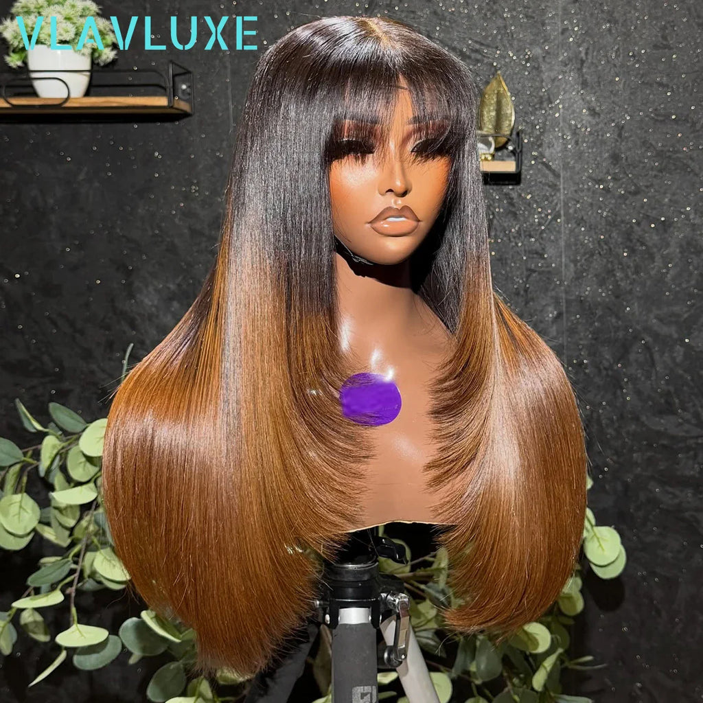 Ombre Colored Brown With Bang Layered 13x6 HD Transparent Lace Frontal Wig Bone Straight Glueless 300/400 Density Human Hair Wig