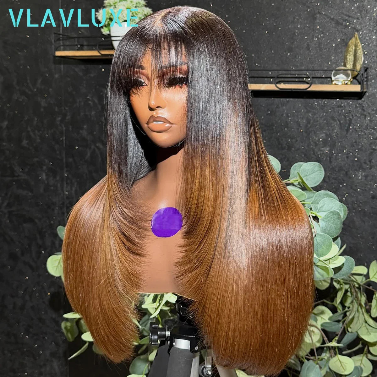 Ombre Colored Brown With Bang Layered 13x6 HD Transparent Lace Frontal Wig Bone Straight Glueless 300/400 Density Human Hair Wig