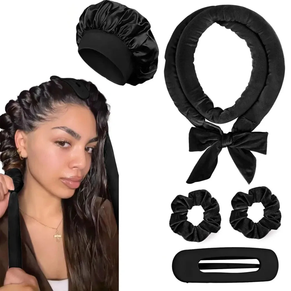 8/5/4Pcs Heatless Hair Curler Set Satin Bonnet No Heat Overnight Curls Edge Brush Scrunchies Comb Black Gift Comb Styling Tools