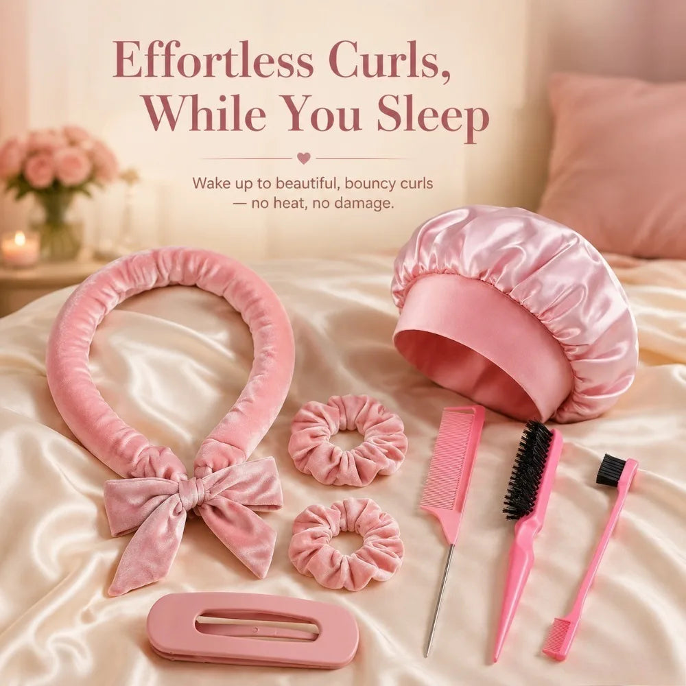 8/5/4Pcs Heatless Hair Curler Set Satin Bonnet No Heat Overnight Curls Edge Brush Scrunchies Comb Black Gift Comb Styling Tools