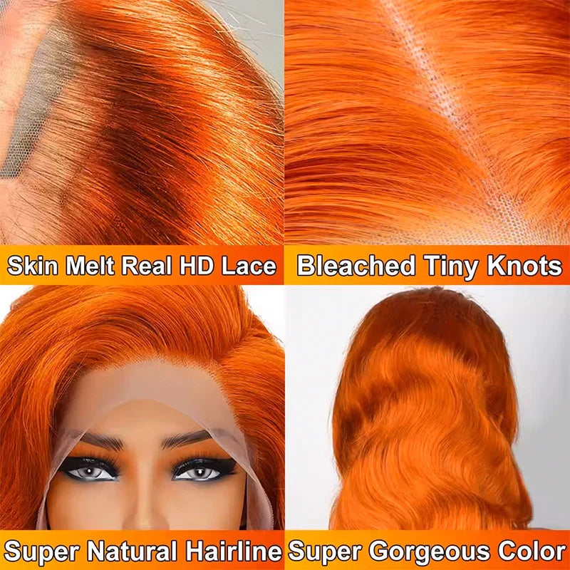 220% Density 16-36 Inch Orange Ginger #350 Colored 13x6 13x4 HD Lace Front Wigs Human Hair Body Wave Water Wave Brazilian Transparent Lace Frontal Wig For Women Human Hair Colored Wigs Pre-Plucked Prebleached