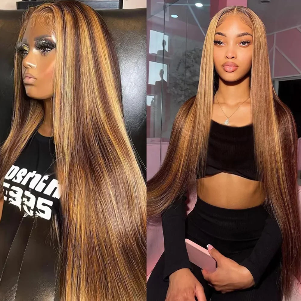 P4/27 Highlight 46 Inch Straight Human Hair Wig 13x6 HD Undetectable Lace Frontal 200 Density Pre Plucked Baby Hair Glueless Wig