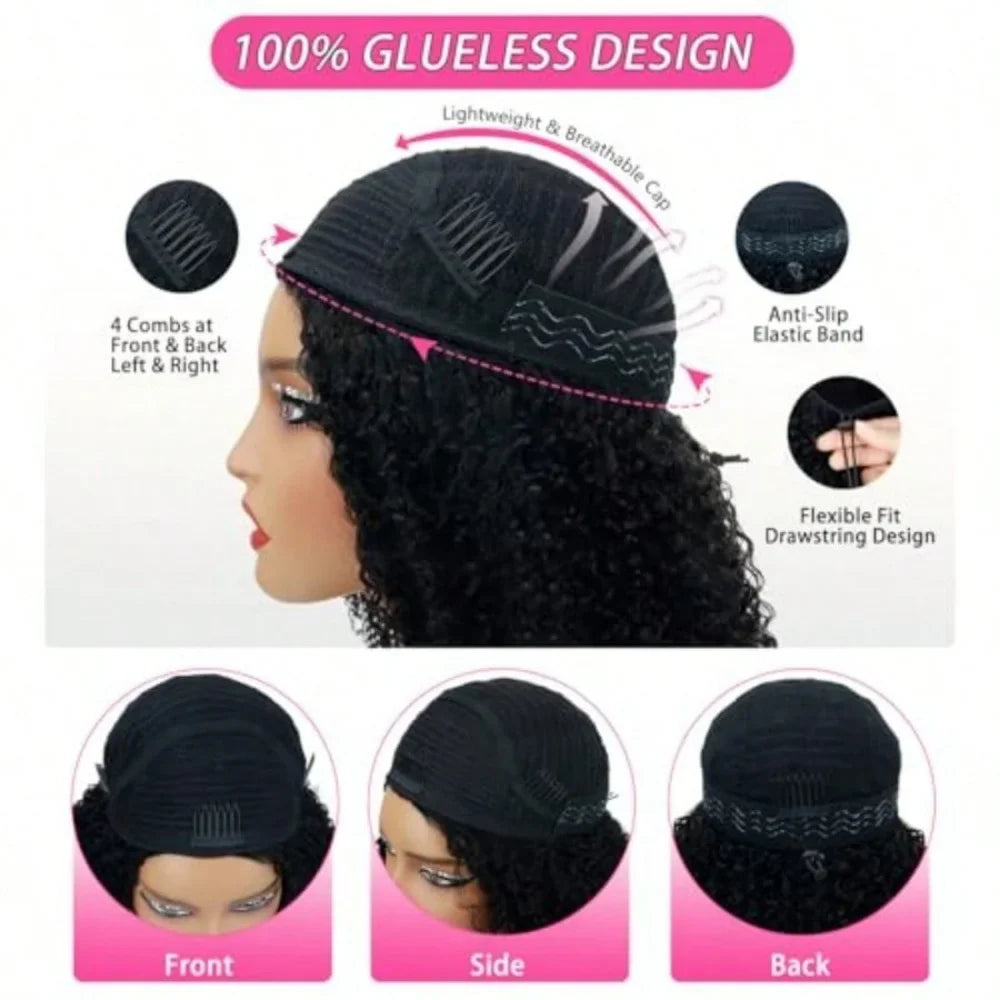 Burmese Curly 3 IN 1 Half Wigs Human Hair Wig Glueless Wigs Ready to Wear Half Wig Drawstring Clip Burmese Curly Hair Half Wig