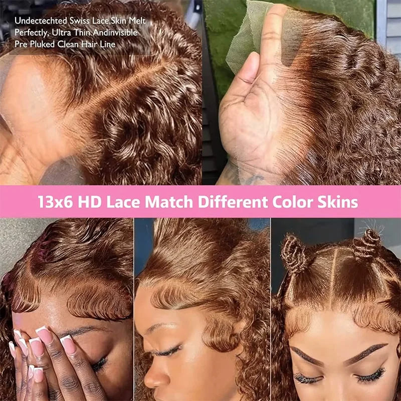 Chocolate Brown Colored 220% Density 36 Inch Chocolate Brown 13x6 13x4 HD Transparent Lace Front Wigs Human Hair Curly Deep Wave Brazilian Transparent Lace Frontal Wig For Women Human Hair #4 Colored Wigs Pre-Plucked Prebleached