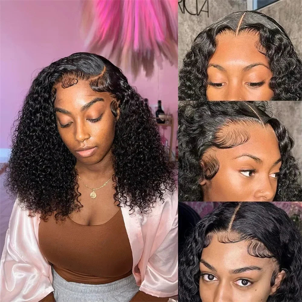 200% Density Short Kinky Curly Bob 100% Human Hair 13x4 Lace Closure Wigs Deep Water Wave Brazilian Bob 4x4 Lace Frontal Wig
