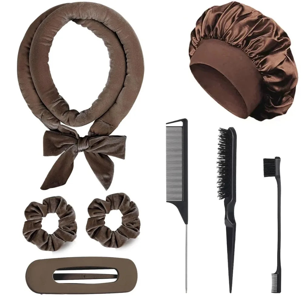 8/5/4Pcs Heatless Hair Curler Set Satin Bonnet No Heat Overnight Curls Edge Brush Scrunchies Comb Black Gift Comb Styling Tools